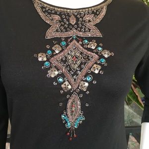 DOMALLO Black Stretchy Embellished Top 3/4 Sleeves